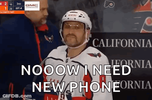 Hockey Player Mustache Saying Nooow Need New Phone GIF