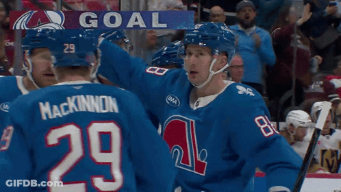 Hockey Player Number 29 Surrounded By Teammates GIF