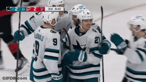 Hockey Player Number 9 Surrounded By Teammates GIF