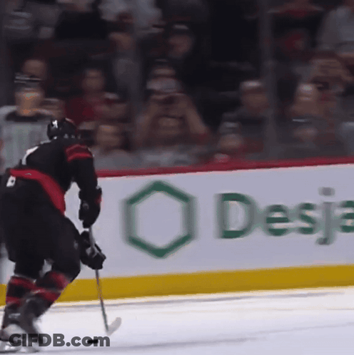 Hockey Player On Ice In Front Of Desja Sign GIF