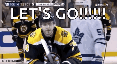 Hockey Player Saying Let's Go Holding Stick GIF