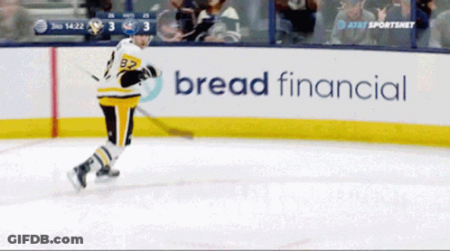 Hockey Player Skating In Front Of Bread Financial Sign GIF