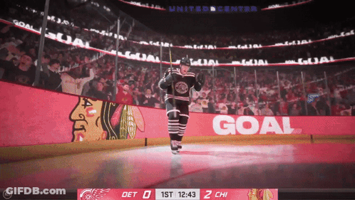 Hockey Player Stands On Ice In Front Of Goal Banner GIF