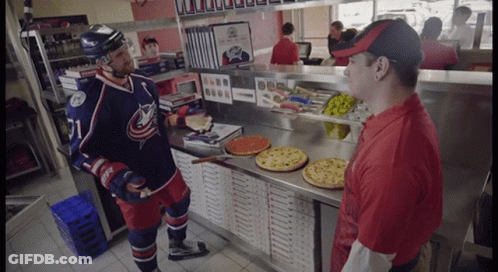 Hockey Player Talking To Pizza Maker GIF