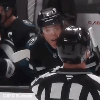 Hockey Player Talking To Referee On Bench GIF