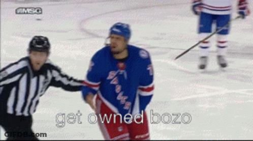 Hockey Player Talking To Referee Saying Get Owned Bozo GIF