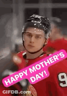 Hockey Player Wearing Helmet And Red Jersey Saying Happy Mother's Day GIF