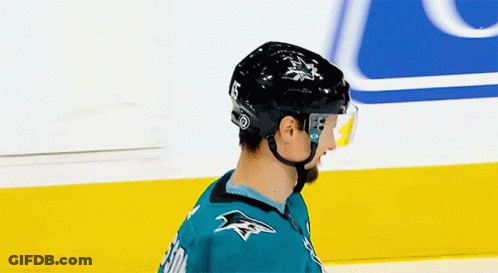 Hockey Player With Helmet And Sharks Jersey GIF