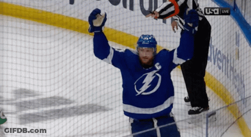 Hockey Player With Lightning Bolt Jersey Celebrating GIF