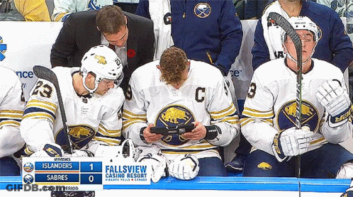 Hockey Players On Bench With Fallsview Casino Resort Sign GIF