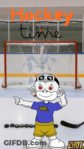Hockey Team Advertisement With Monkey Pointing GIF