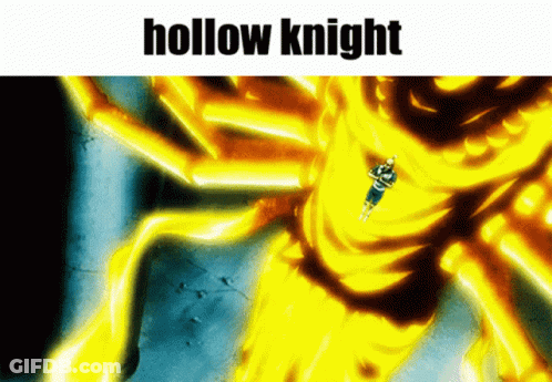 Hollow Knight With Giant Yellow Monster GIF