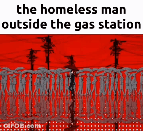 Homeless Man Standing Before Umbrella Row GIF