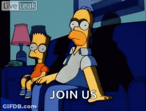 Homer And Bart Simpson On Couch Saying Join Us GIF