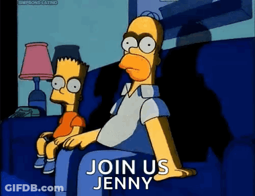 Homer And Bart Simpson Sitting On Couch Saying Join Us GIF