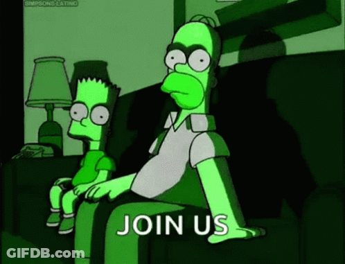 Homer And Bart Simpson Sitting On Couch With Join Us GIF