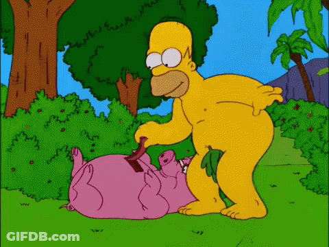 Homer Simpson Brushes A Pink Pig 'S Butt With A Brush GIF