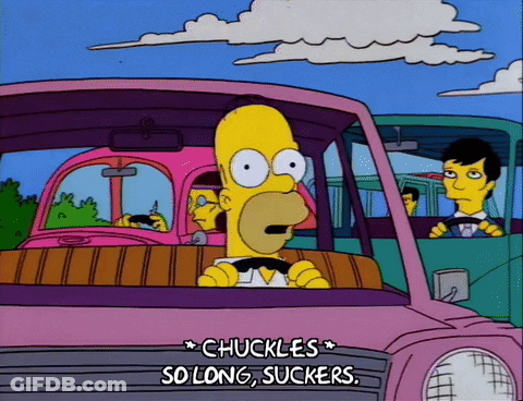 Homer Simpson Driving Pink Car Saying Chuckles So Long Suckers GIF
