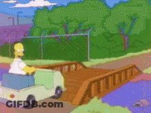 Homer Simpson Driving White Car Over Wooden Bridge GIF