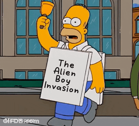 Homer Simpson Holding Bell And Alien Boy Invasion Sign GIF