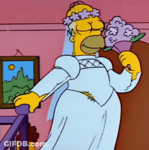 Homer Simpson In A Bride 'S Dress Holding A Bouquet Of Flowers GIF