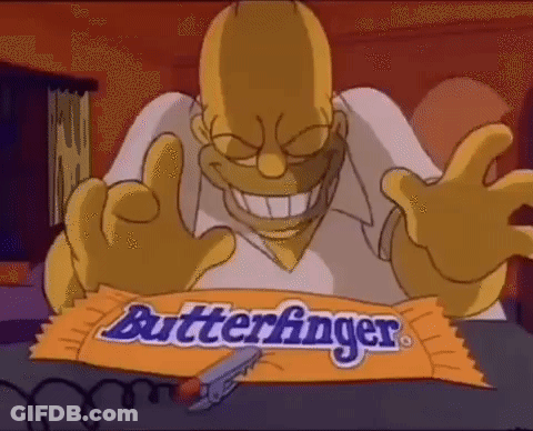 Homer Simpson Is Holding A Butterfinger Candy Bar In His Hands . GIF