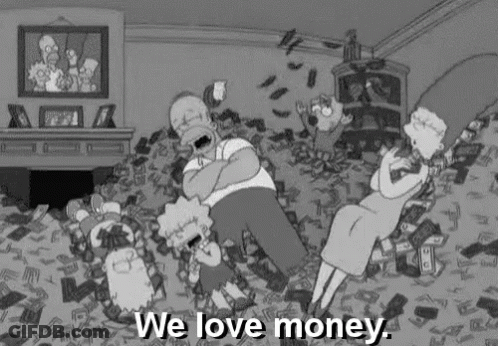 Homer Simpson Is Laying On A Pile Of Money With His Family . GIF