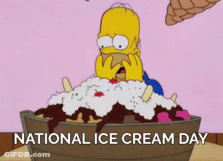 Homer Simpson Is Sitting In A Bucket Of Ice Cream With The Words National Ice Cream Day Below Him . GIF