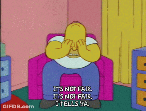 Homer Simpson Is Sitting In A Pink Chair With His Hands On His Face And Says It 'S Not Fair GIF