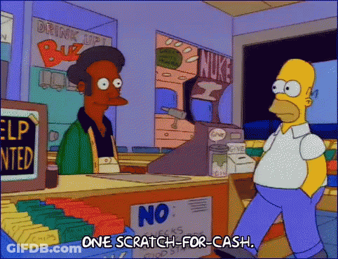 Homer Simpson Is Standing In Front Of A Counter With A Sign That Says " No Scratch For Cash " GIF