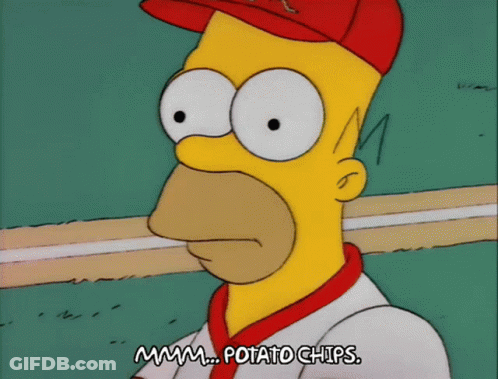 Homer Simpson Is Wearing A Red Hat And White Shirt And Says Potato Chips GIF