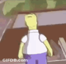 Homer Simpson Is Wearing A White Shirt And Purple Pants And Is Standing In Front Of A Building . GIF