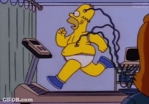 Homer Simpson Running On Treadmill With Wires In Mouth GIF