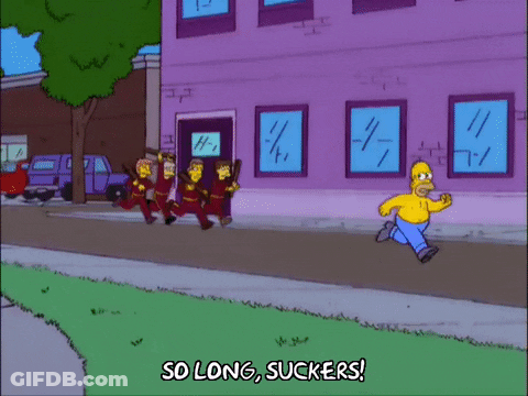 Homer Simpson Saying So Long Suckers In Front Of Purple Building GIF