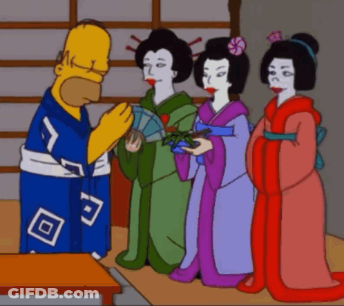 Homer Simpson Standing Next To Three Geishas In Kimonos GIF