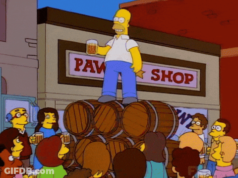 Homer Simpson Stands On Top Of A Pile Of Barrels In Front Of A Paw Shop GIF