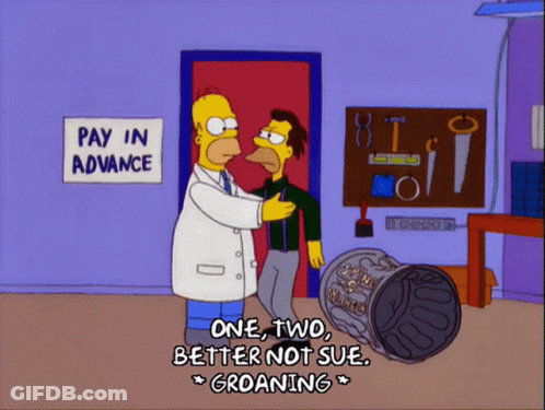 Homer Simpson Talking To A Man In Front Of A Sign That Says " Pay In Advance " GIF