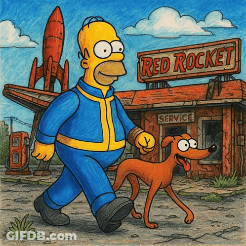 Homer Simpson Walking Dog In Front Of Red Rocket GIF