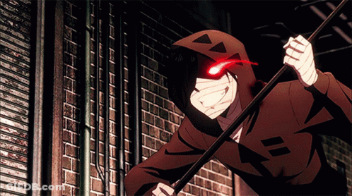 Hooded Man With Red Eyes Holding Pole GIF