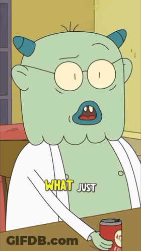 Horned Cartoon Character Holding Soda Saying What Just GIF