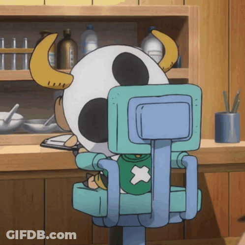 Horned Cartoon Character Sitting In Blue Chair GIF