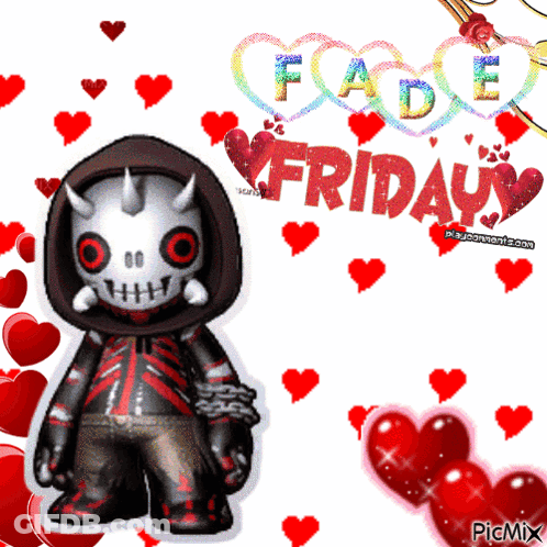 Horned Cartoon In Hood Surrounded By Hearts Fade Friday GIF