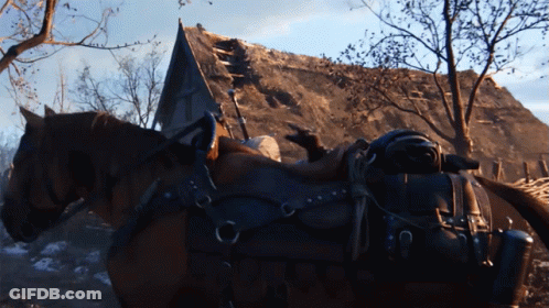 Horse With Saddle In Front Of Building GIF