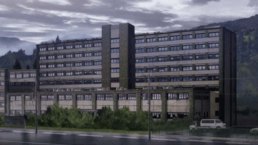 Hospital Facade With Car Passing By Anime GIF