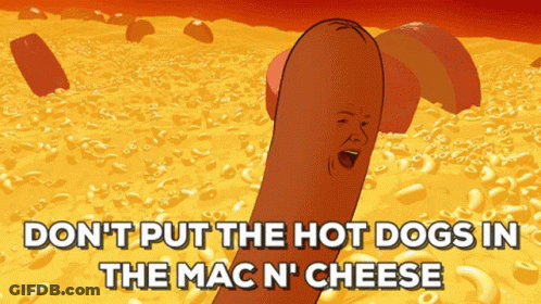 Hot Dog Face Surrounded By Macaroni Cheese GIF