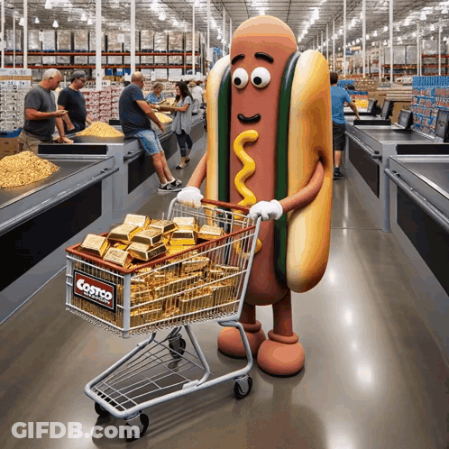 Hot Dog Mascot Pushing Gold Cart GIF