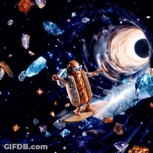 Hot Dog Wearing Headphones Riding Surfboard Through Space GIF