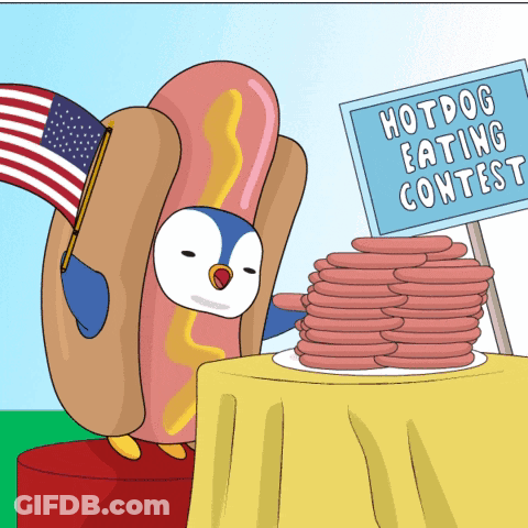 Hotdog Eating Contest Penguin Holding American Flag GIF