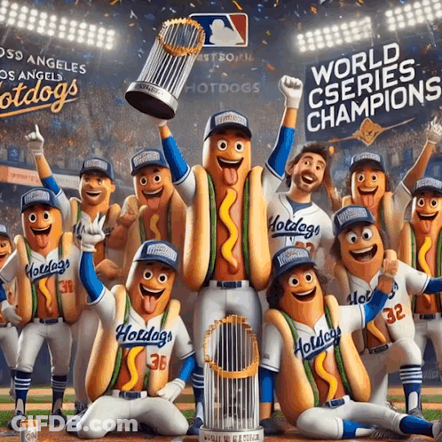 Hotdogs Holding Trophy World Series Champions GIF