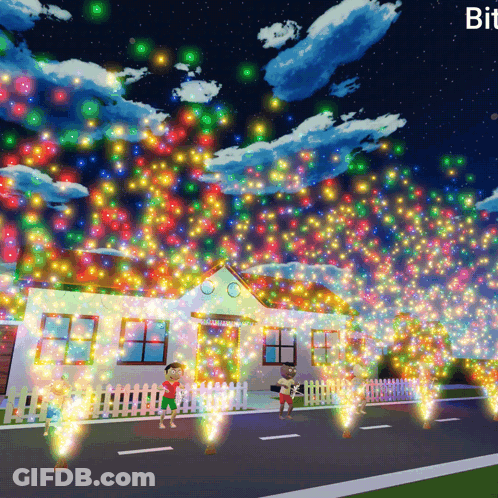 House Decorated With Christmas Lights Saying Bit GIF